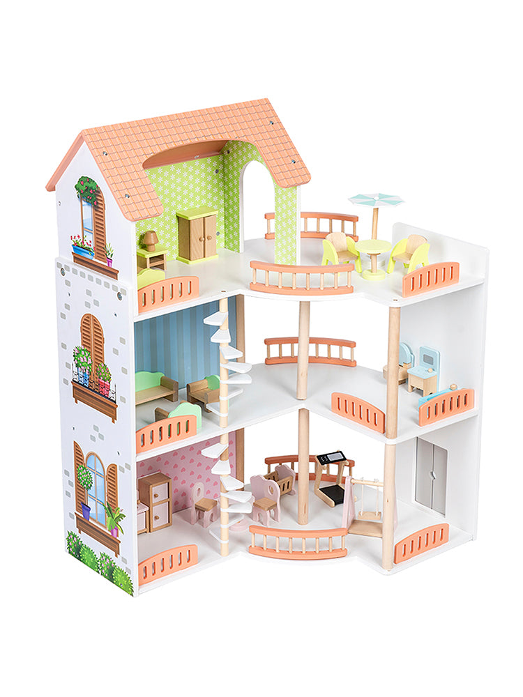 3 Story Wooden Doll House With Balcony 23 Accessories Toy Gift For 3 +Years Kids