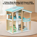 2 Story Blue Wooden Doll House With 16 Accessories Toy Gift For 3 +Years Kids