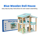 2 Story Blue Wooden Doll House With 16 Accessories Toy Gift For 3 +Years Kids