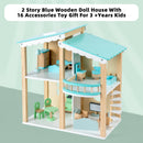 2 Story Blue Wooden Doll House With 16 Accessories Toy Gift For 3 +Years Kids