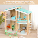 2 Story Blue Wooden Doll House With 16 Accessories Toy Gift For 3 +Years Kids