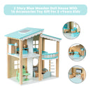 2 Story Blue Wooden Doll House With 16 Accessories Toy Gift For 3 +Years Kids