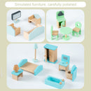 2 Story Blue Wooden Doll House With 16 Accessories Toy Gift For 3 +Years Kids