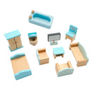 2 Story Blue Wooden Doll House With 16 Accessories Toy Gift For 3 +Years Kids