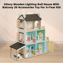 3Story Wooden Lighting Doll House With Balcony 20 Accessories Toy For 3+Year Kid