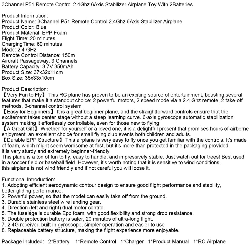 3Channel P51 Remote Control 2.4Ghz 6Axis Stabilizer Airplane Toy With 2Batteries