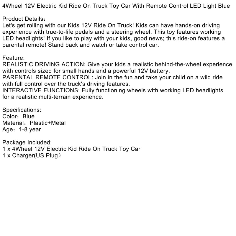 4Wheel 12V Electric Kid Ride On Truck Toy Car With Remote Control LED Light Blue