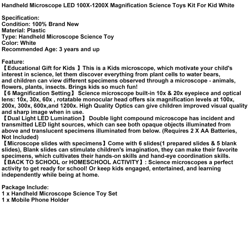 Handheld Microscope LED 100X-1200X Magnification Science Toys Kit For Kid White