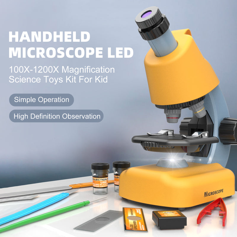 Handheld Microscope LED 100X-1200X Magnification Science Toys Kit For Kid Yellow