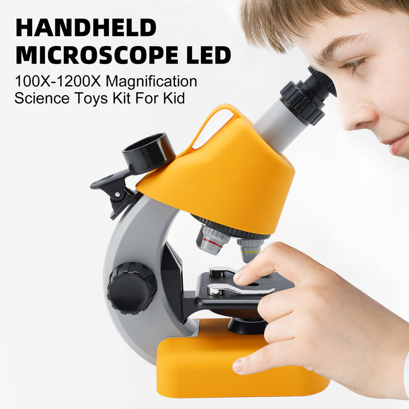 Handheld Microscope LED 100X-1200X Magnification Science Toys Kit For Kid Yellow