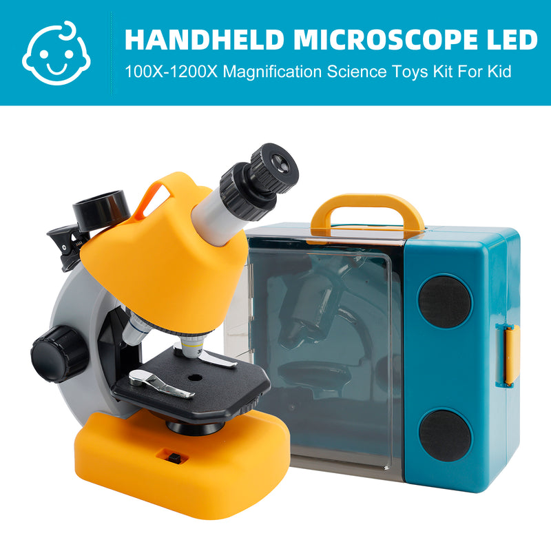 Handheld Microscope LED 100X-1200X Magnification Science Toys Kit For Kid Yellow