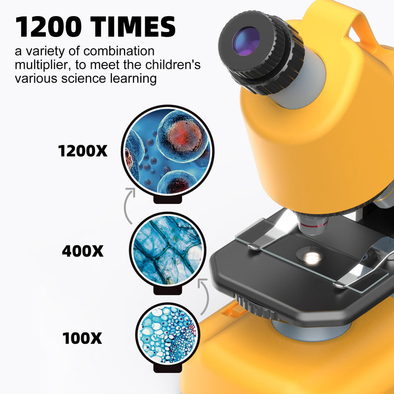 Handheld Microscope LED 100X-1200X Magnification Science Toys Kit For Kid Yellow