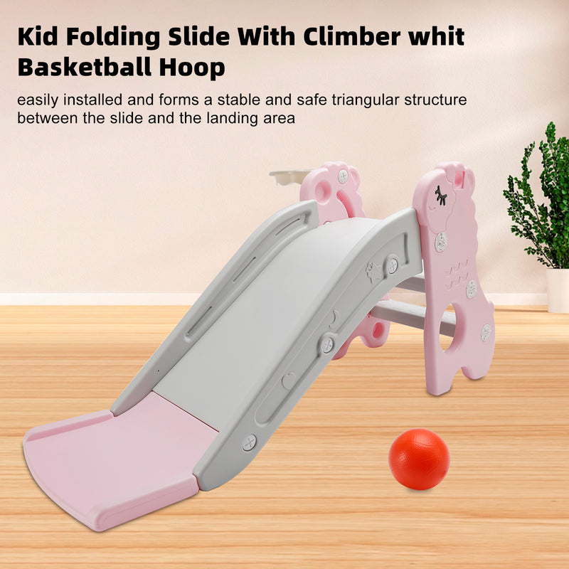 3In1 Kid Folding Slide With Climber,Basketball Hoop,Freestanding Slide Toy Pink