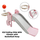 3In1 Kid Folding Slide With Climber,Basketball Hoop,Freestanding Slide Toy Pink