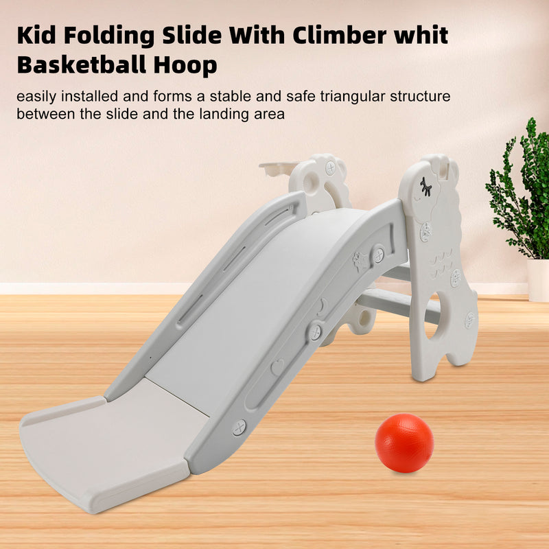 3In1 Kid Folding Slide With Climber,Basketball Hoop,Freestanding Slide Toy White