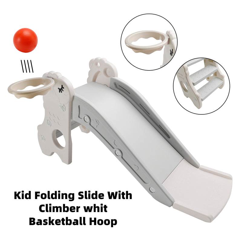 3In1 Kid Folding Slide With Climber,Basketball Hoop,Freestanding Slide Toy White
