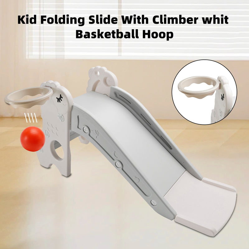 3In1 Kid Folding Slide With Climber,Basketball Hoop,Freestanding Slide Toy White