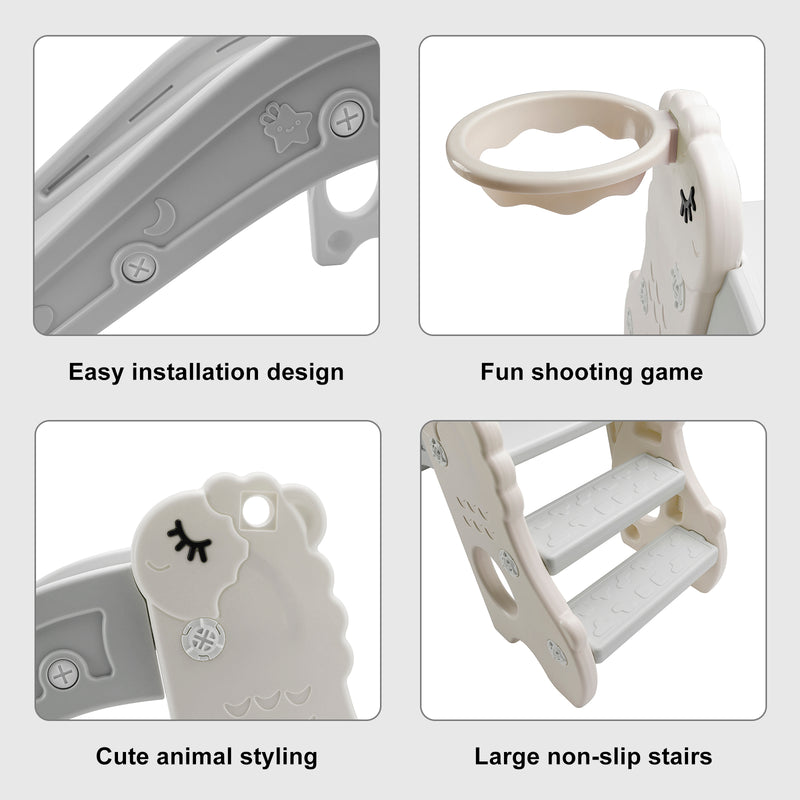 3In1 Kid Folding Slide With Climber,Basketball Hoop,Freestanding Slide Toy White