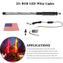 2ft RGB LED APP Whip Lights Antenna W/ Flag Remote Control For Polaris UTV ATV