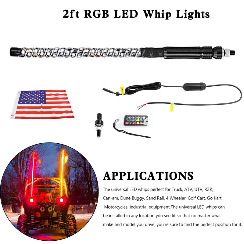 2ft RGB LED APP Whip Lights Antenna W/ Flag Remote Control For Polaris UTV ATV