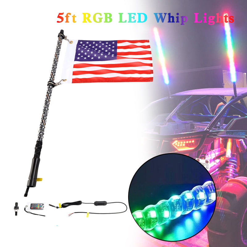 5ft RGB LED APP Whip Lights Antenna W/ Flag Remote Control For Polaris UTV ATV
