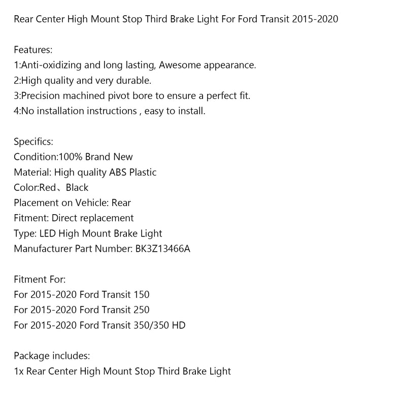 Rear Center High Mount Stop Third Brake Light For Ford Transit 2015-2020 Generic