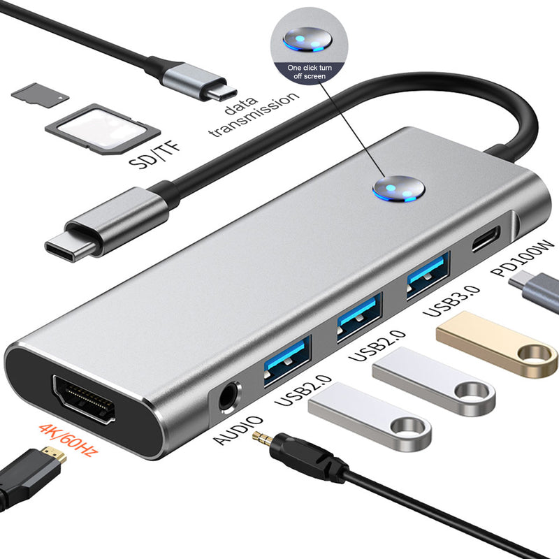 9 in 1 TYPE-C+USB3.0 USB2.0 HDMI SD/TF PD100W Audio Data Interface Hub Adapter