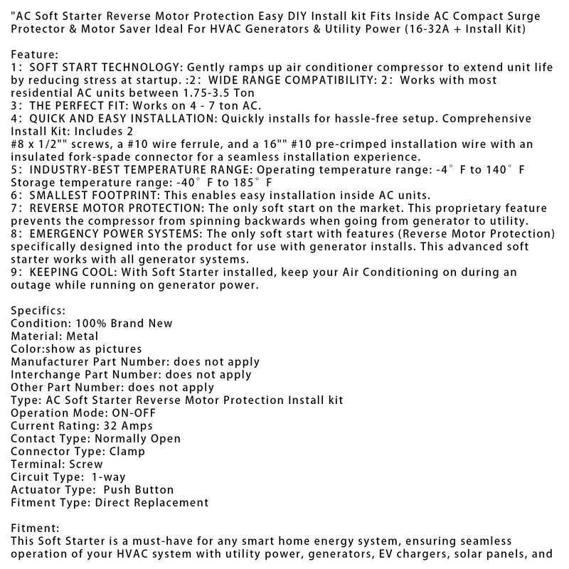 AC Soft Starter Reverse Motor Protection  (16-32A + Install Kit)