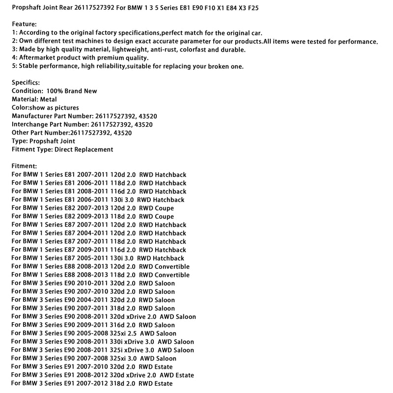 Propshaft Joint Rear 26117527392 For BMW 1 3 5 Series E81 E90 F10 X1 E84 X3 F25