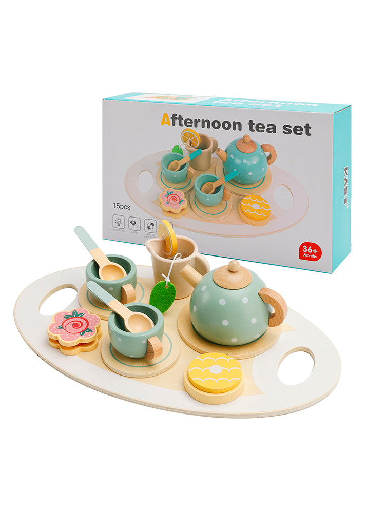 15Pcs Western Kitchen Wooden Tea Sets Play Kitchen Dishes/Tea Toy Set For Kid