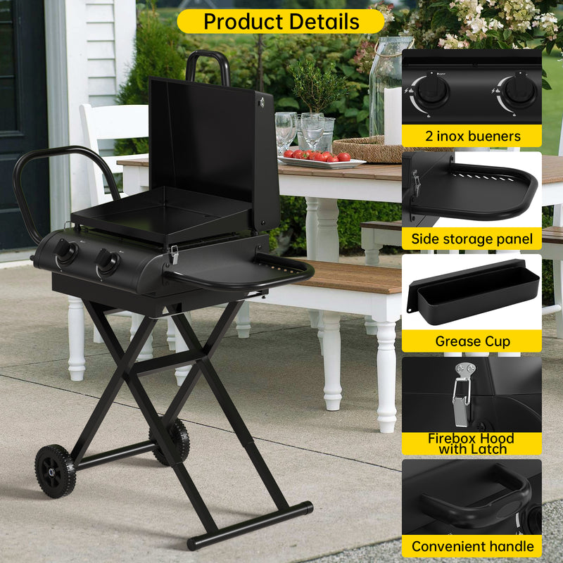 Portable Leg Propane Grill Folding Gas Grill Griddle w/Hood & Side Shelf