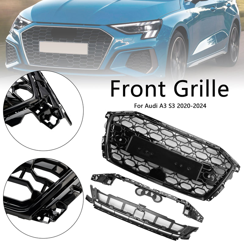 RS3 Style Honeycomb Front Grille Grill Fit Audi A3 S3 2020-2024 Gloss Black