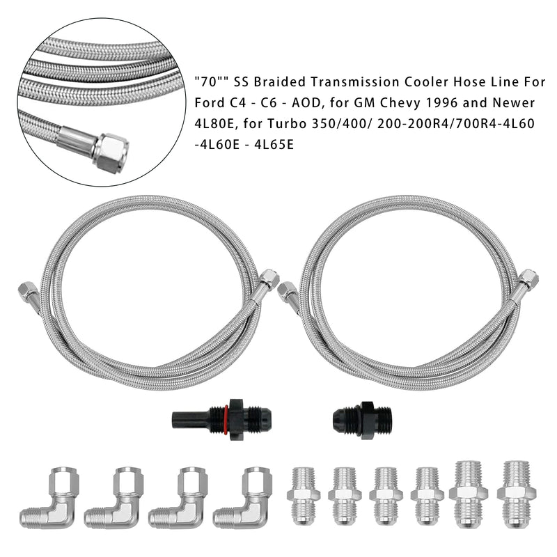 70" SS Braided Transmission Cooler Hose Line For Turbo 700R4-4L60-4L60E - 4L65E