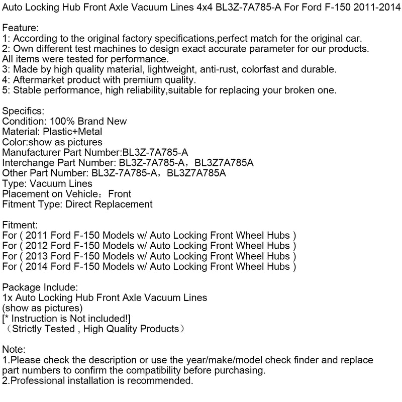 Auto Locking Hub Front Axle Vacuum Lines 4x4 BL3Z-7A785-A For Ford F-150 11-2014