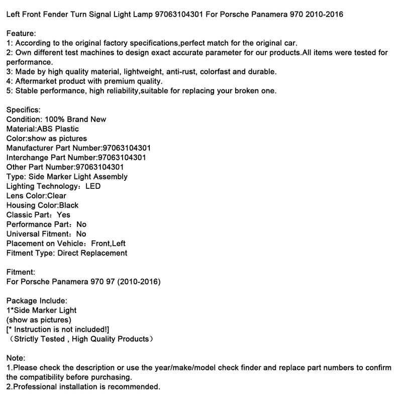 Left Front Fender Turn Signal Light Lamp For Porsche Panamera 970 2010-2016