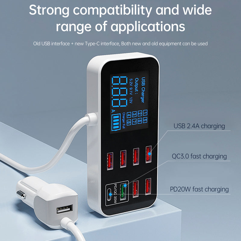 Car Charger USB PD5V1A QC3.0 Display Small Car 8 Port Car Cigarette Lighter