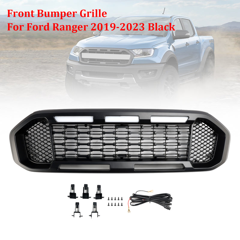 Black Front Bumper Grill Grille Fit Ford Ranger T8 2019-2023 W/LED Light