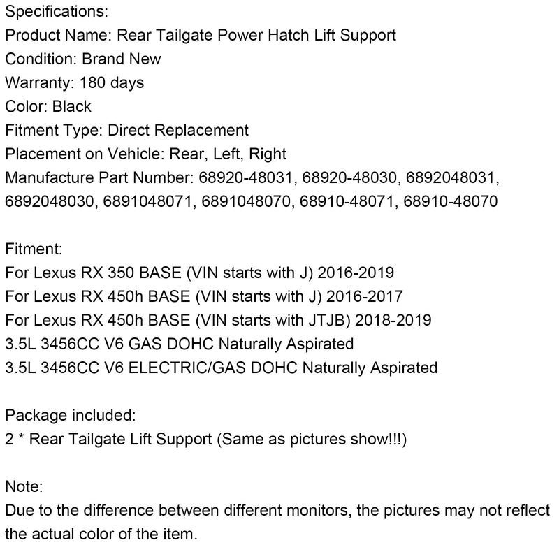 6892048031 2PCS Rear Tailgate Support Struts Fit Lexus RX350 RX450h 2016-2019