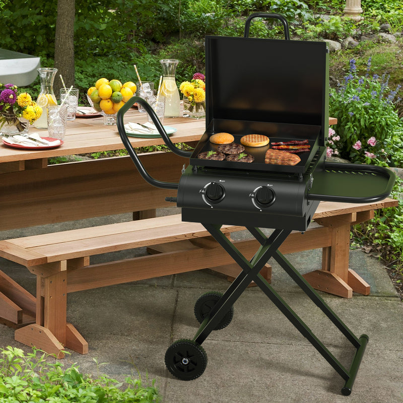 Portable Leg Propane Grill Folding Gas Grill Griddle w/Hood & Side Shelf