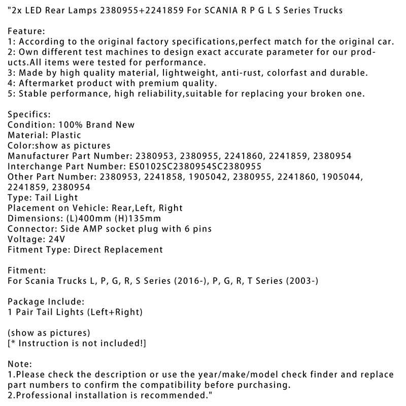 2x LED Rear Lamps 2380955+2241859 For SCANIA R P G L S Series Trucks