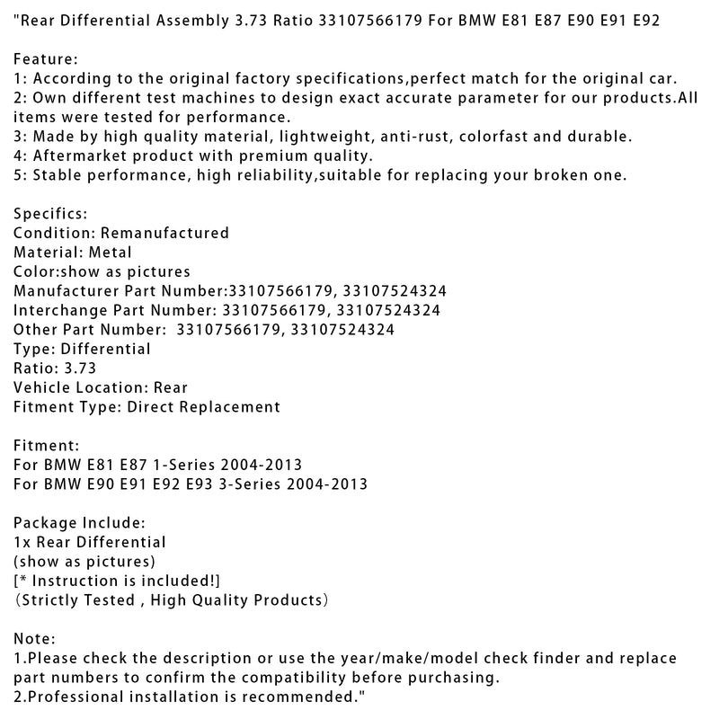 Rear Differential Assembly 3.73 Ratio 33107566179 For BMW E81 E87 E90 E91 E92