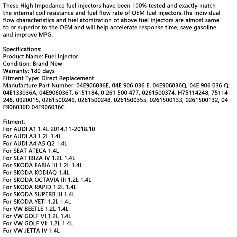 4PCS Fuel Injector 04E906036Q Fit Audi A3 Fit Seat Leon Fit Skoda Fit VW Passat