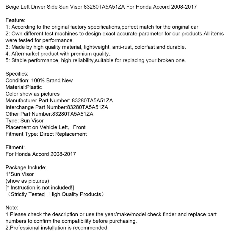 Beige Left Driver Side Sun Visor 83280TA5A51ZA For Honda Accord 2008-2017