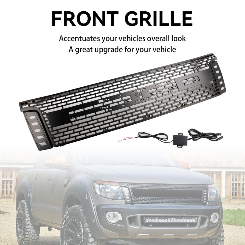 Matt Black Front Bumper Grill Grille Fit Ford Ranger T6 2012-2014 w/ LED Light