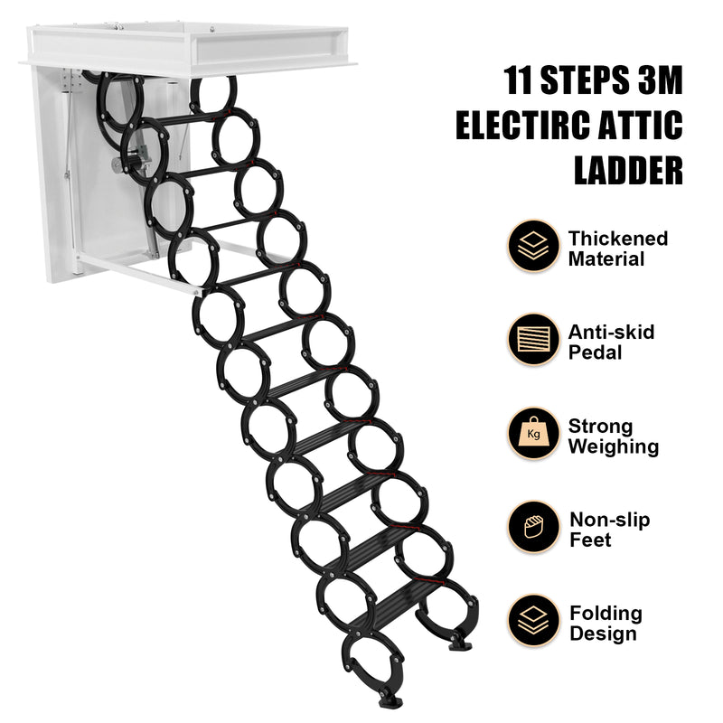 11 Steps 3m Electirc Attic Ladder Aluminum Folding With Remote Loft 31.5*35.4"