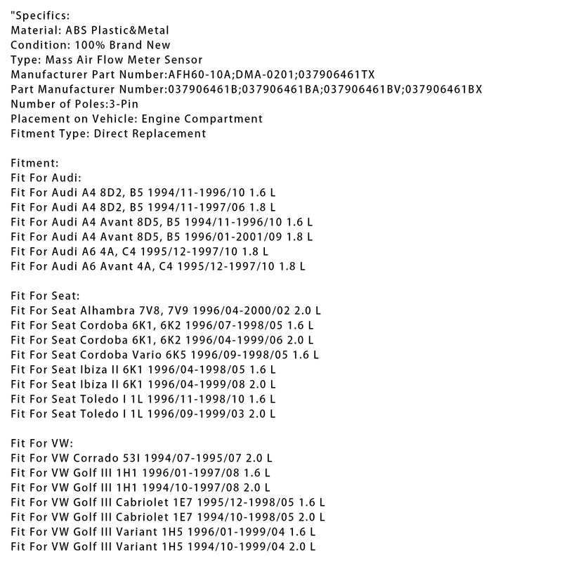 Mass Air Flow Meter Sensor For Audi A4 VW Golf III Cabriolet Corrado 037906461B