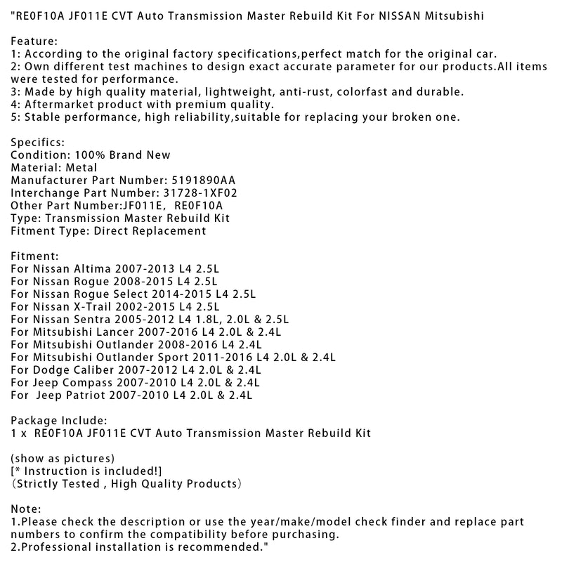 RE0F10A JF011E CVT Auto Transmission Master Rebuild Kit For NISSAN Mitsubishi