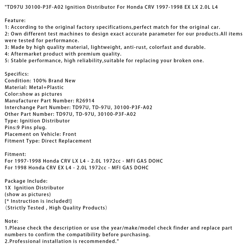 TD97U 30100-P3F-A02 Ignition Distributor For Honda CRV 1997-1998 EX LX 2.0L L4