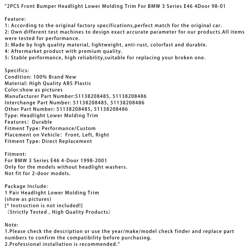 2PCS Front Bumper Headlight Lower Molding Trim For BMW 3 Series E46 4Door 98-01