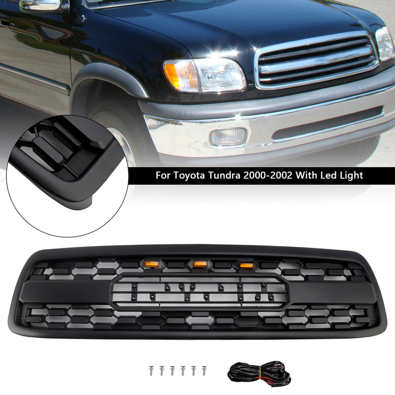 Matte Black Front Bumper Grill Grille Fit Toyota Tundra 2000-2002 W/LED